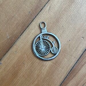 Vintage Penny Farthing High Wheel Bicycle Pendant Silver Tone Round Charm
